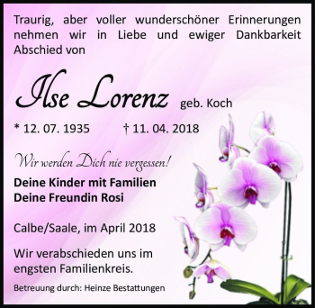 Traueranzeige von Ilse Lorenz (geb. Koch)  von Magdeburger Volksstimme