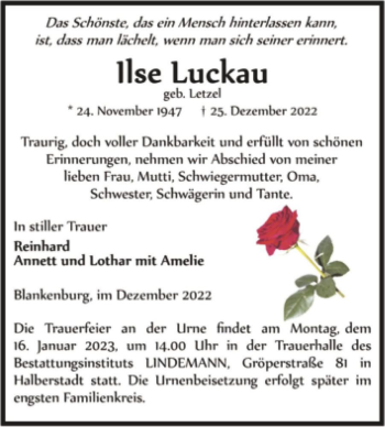 Traueranzeige von Ilse Luckau (geb. Letzel)  von Magdeburger Volksstimme
