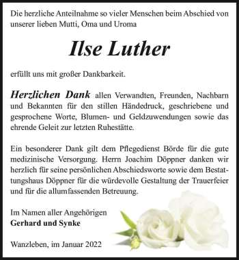 Traueranzeige von Ilse Luther  von Magdeburger Volksstimme