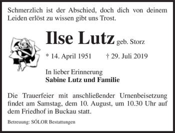 Traueranzeige von Ilse Lutz (geb. Storz)  von Magdeburger Volksstimme