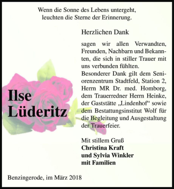 Traueranzeige von Ilse Lüderitz  von Magdeburger Volksstimme