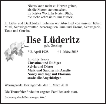 Traueranzeige von Ilse Lüderitz (geb. Gessing)  von Magdeburger Volksstimme