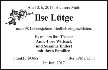 Traueranzeige von Ilse Lütge  von Magdeburger Volksstimme