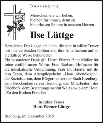 Traueranzeige von Ilse Lüttge  von Magdeburger Volksstimme