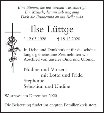 Traueranzeige von Ilse Lüttge  von Magdeburger Volksstimme