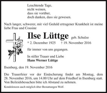 Traueranzeige von Ilse Lüttge (geb. Schulze)  von Magdeburger Volksstimme