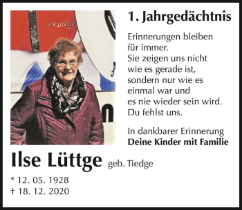 Traueranzeige von Ilse Lüttge (geb. Tiedge)  von Magdeburger Volksstimme