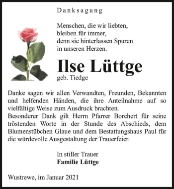 Traueranzeige von Ilse Lüttge (geb. Tiedge)  von Magdeburger Volksstimme