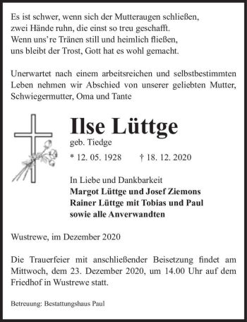 Traueranzeige von Ilse Lüttge (geb. Tiedge)  von Magdeburger Volksstimme