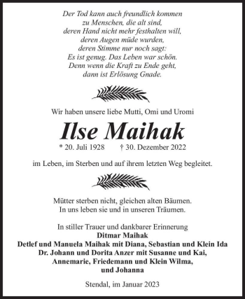 Traueranzeige von Ilse Maihak  von Magdeburger Volksstimme