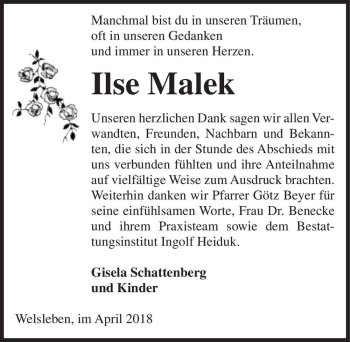 Traueranzeige von Ilse Malek  von Magdeburger Volksstimme