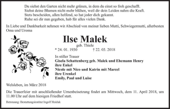 Traueranzeige von Ilse Malek (geb. Thiele)  von Magdeburger Volksstimme
