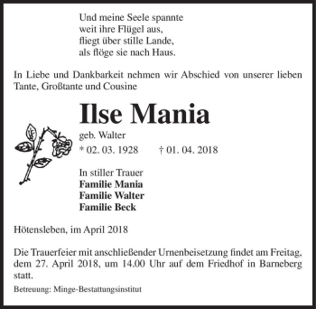 Traueranzeige von Ilse Mania (geb. Walter)  von Magdeburger Volksstimme
