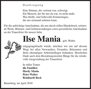 Traueranzeige von Ilse Mania (geb. Walter)  von Magdeburger Volksstimme