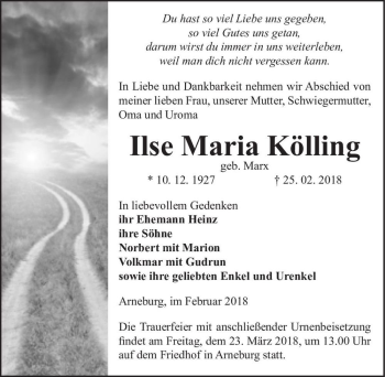 Traueranzeige von Ilse Maria Kölling (geb. Marx)  von Magdeburger Volksstimme