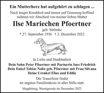 Traueranzeige von Ilse Mariechen Pfoertner (geb. Strömke)  von Magdeburger Volksstimme