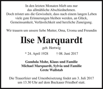 Traueranzeige von Ilse Marquardt (geb. Hertwig)  von Magdeburger Volksstimme