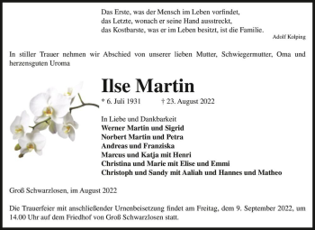 Traueranzeige von Ilse Martin  von Magdeburger Volksstimme