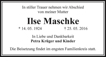Traueranzeige von Ilse Maschke  von Magdeburger Volksstimme