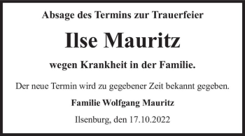 Traueranzeige von Ilse Mauritz  von Magdeburger Volksstimme