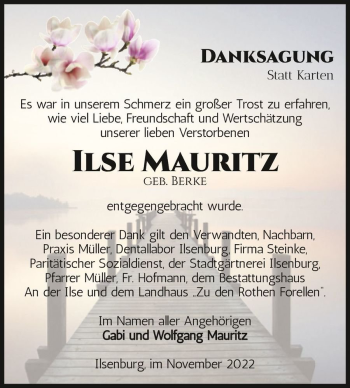 Traueranzeige von Ilse Mauritz (geb. Berke)  von Magdeburger Volksstimme