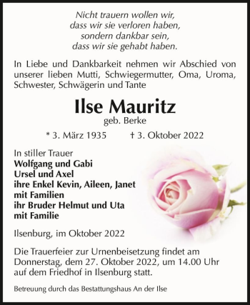 Traueranzeige von Ilse Mauritz (geb. Berke)  von Magdeburger Volksstimme