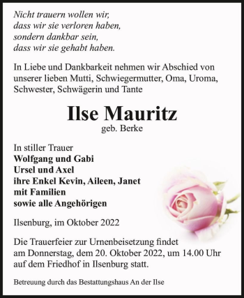Traueranzeige von Ilse Mauritz (geb. Berke)  von Magdeburger Volksstimme