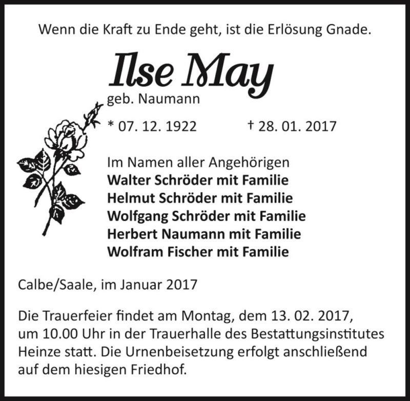  Traueranzeige für Ilse May (geb. Naumann)  vom 04.02.2017 aus Magdeburger Volksstimme