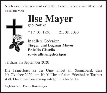 Traueranzeige von Ilse Mayer (geb. Noffke)  von Magdeburger Volksstimme