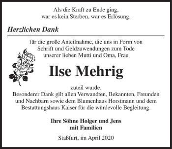 Traueranzeige von Ilse Mehrig  von Magdeburger Volksstimme