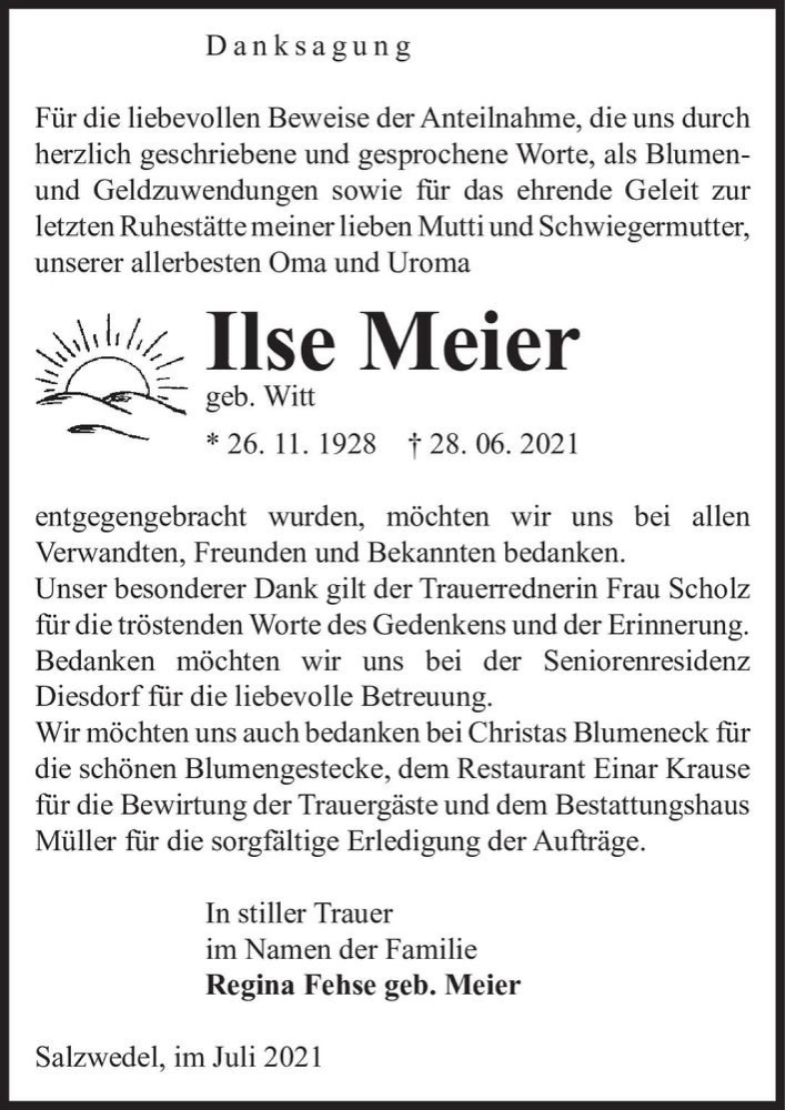  Traueranzeige für Ilse Meier (geb. Witt)  vom 24.07.2021 aus Magdeburger Volksstimme