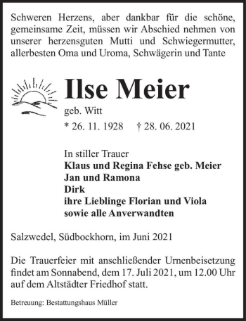 Traueranzeige von Ilse Meier (geb. Witt)  von Magdeburger Volksstimme