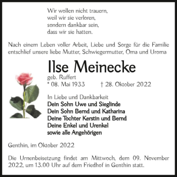 Traueranzeige von Ilse Meinecke (geb. Ruffert)  von Magdeburger Volksstimme