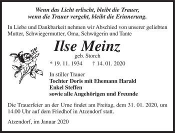 Traueranzeige von Ilse Meinz (geb. Storch)  von Magdeburger Volksstimme