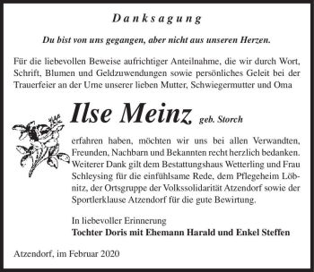 Traueranzeige von Ilse Meinz (geb. Storch)  von Magdeburger Volksstimme