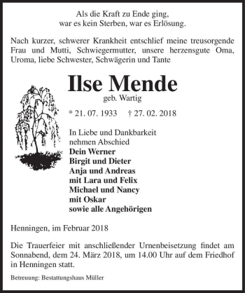 Traueranzeige von Ilse Mende (geb. Wartig)  von Magdeburger Volksstimme