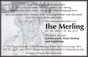 Traueranzeige von Ilse Merling  von Magdeburger Volksstimme