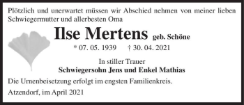 Traueranzeige von Ilse Mertens (geb. Schöne)  von Magdeburger Volksstimme