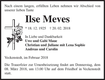 Traueranzeige von Ilse Meves  von Magdeburger Volksstimme