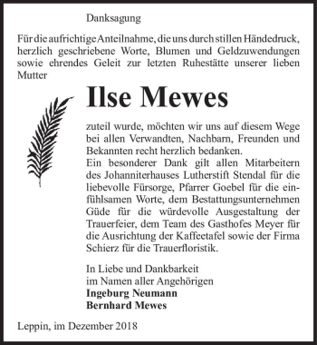 Traueranzeige von Ilse Mewes  von Magdeburger Volksstimme