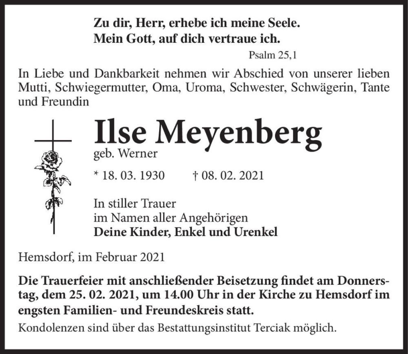  Traueranzeige für Ilse Meyenberg (geb. Werner)  vom 16.02.2021 aus Magdeburger Volksstimme