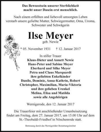 Traueranzeige von Ilse Meyer (geb. Newie)  von Magdeburger Volksstimme