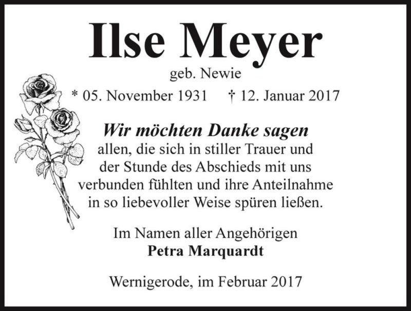  Traueranzeige für Ilse Meyer (geb. Newie)  vom 15.02.2017 aus Magdeburger Volksstimme
