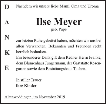 Traueranzeige von Ilse Meyer (geb. Pape)  von Magdeburger Volksstimme