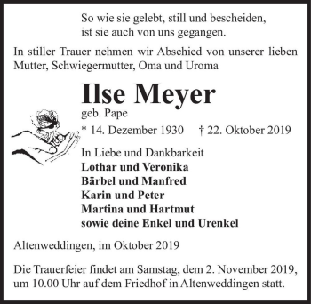 Traueranzeige von Ilse Meyer (geb. Pape)  von Magdeburger Volksstimme