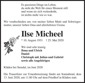 Traueranzeige von Ilse Micheel  von Magdeburger Volksstimme