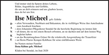 Traueranzeige von Ilse Micheel (geb. Gehrke)  von Magdeburger Volksstimme