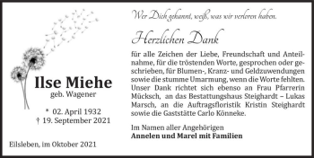 Traueranzeige von Ilse Miehe (geb. Wagener)  von Magdeburger Volksstimme
