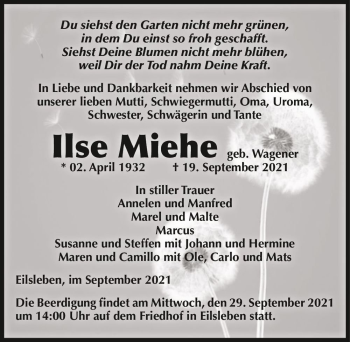 Traueranzeige von Ilse Miehe (geb. Wagener)  von Magdeburger Volksstimme