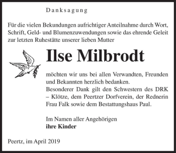 Traueranzeige von Ilse Milbrodt  von Magdeburger Volksstimme